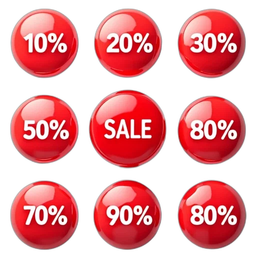 collection, red, white, buttons, various, percentages, displayed, them transparent PNG cut-out