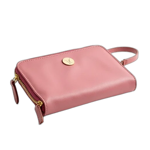 pink, leather, wallet, gold, zipper, brown, strap, displayed transparent PNG cut-out