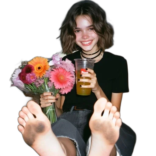 shoes, flower, jewelry, face, photorealistic, young, woman, moving transparent PNG cut-out