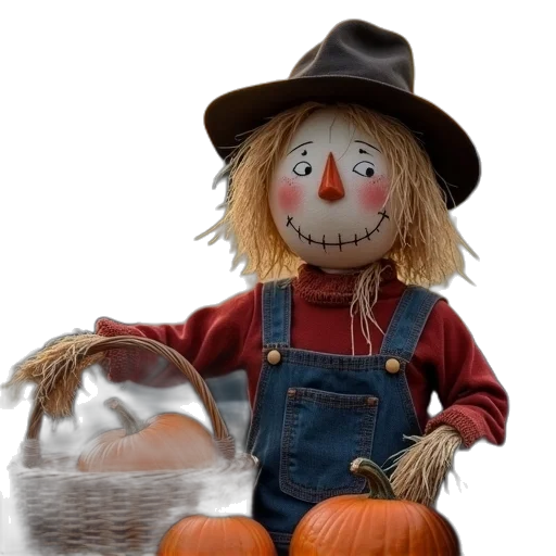 3d render, scarecrow, pumpkins, basket, back, pick, truck transparent PNG cut-out