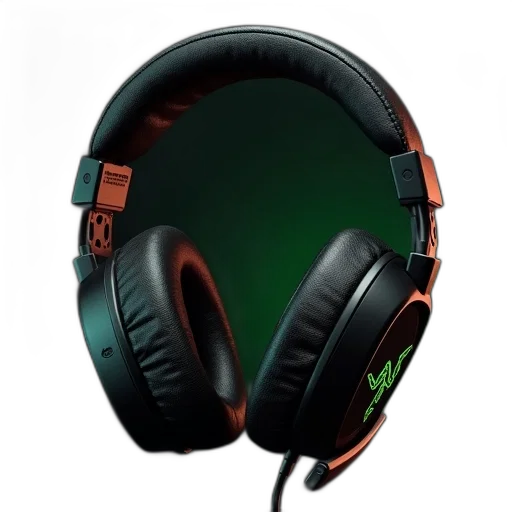 3d render, cyberpunk, photorealistic, green, razerheadphone, headband, mic transparent PNG cut-out