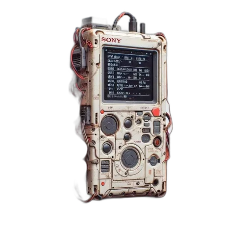 robot, person, holds, retro-futuristic, sony, walkman-like, device, vintage transparent PNG cut-out