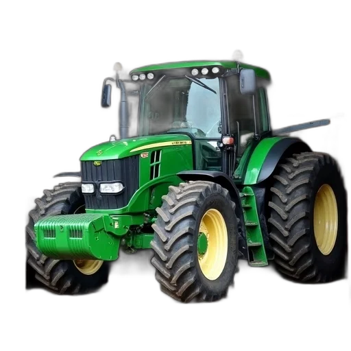 photorealistic, green, tractor, large, plow, attachment, parked, barn transparent PNG cut-out