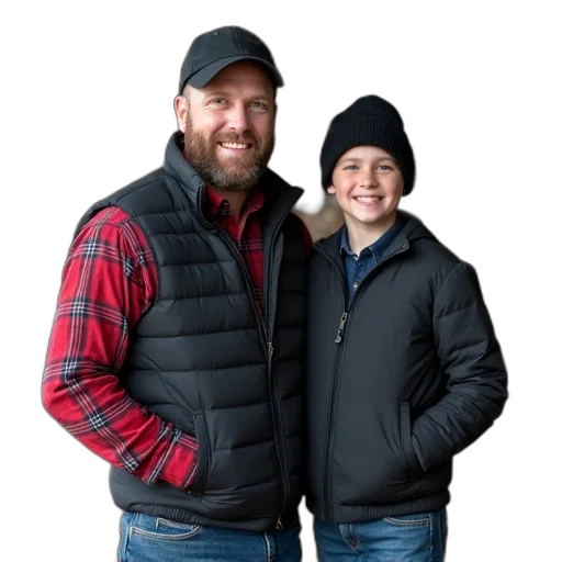 jacket, hat, man, young, boy, standing, barn, cows transparent PNG cut-out