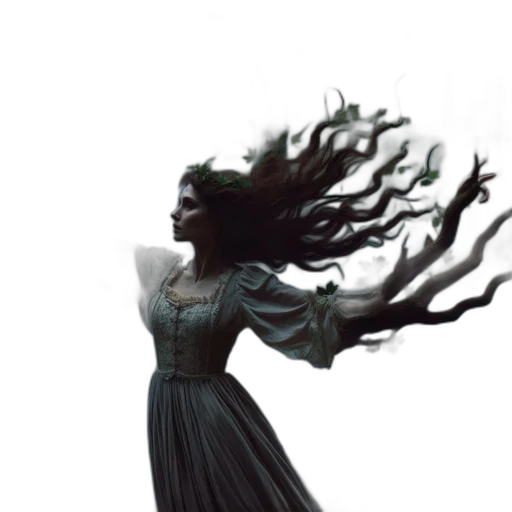 dress, hair, creature, staff, concept art, fantasy art, photorealistic, comic book art transparent PNG cut-out