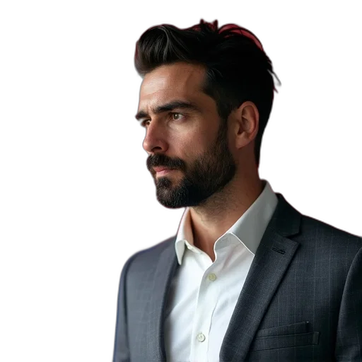 jacket, staff, hair, face, photorealistic, man, dark, beard transparent PNG cut-out