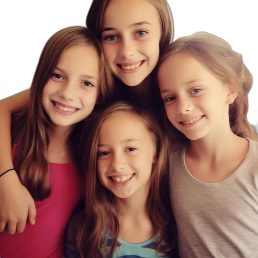 photorealistic, 3d render, four, sisters, huddle, together, joyful, setting transparent PNG cut-out