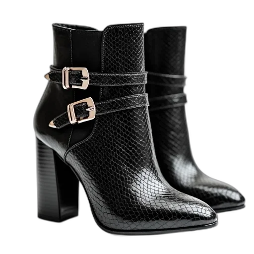 shoes, pair, black, high-heeled, ankle, boots, metallic, buckle transparent PNG cut-out