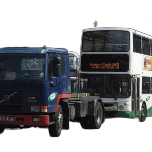 blue, truck, white, double-decker, bus, parked, next, each transparent PNG cut-out