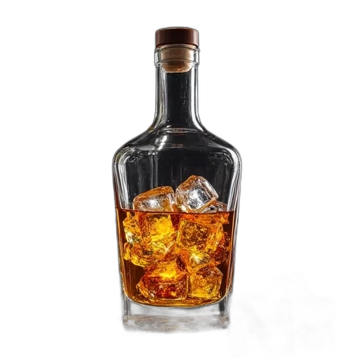 bottle, 3d render, photorealistic, glass, liquor, ice, cubes transparent PNG cut-out