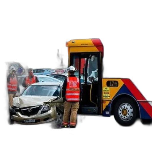 car, emergency, services, respond, accident, involving, bus, damaged transparent PNG cut-out