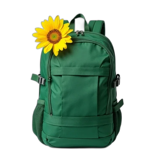 jacket, 3d render, photorealistic, green, earth tones, backpack, yellow, flower transparent PNG cut-out
