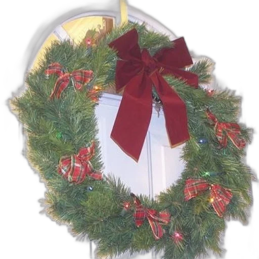 christmas, wreath, red, bow, plaid, ribbons, hangs, white transparent PNG cut-out