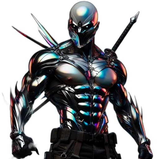 robot, weapon, sword, cyberpunk, concept art, comic book art, 3d render, dark transparent PNG cut-out