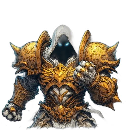 mask, weapon, sword, face, concept art, fantasy art, comic book art, golden transparent PNG cut-out