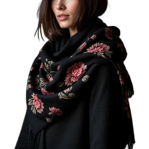 jacket, staff, jewelry, photorealistic, dark, black, floral, print transparent PNG cut-out