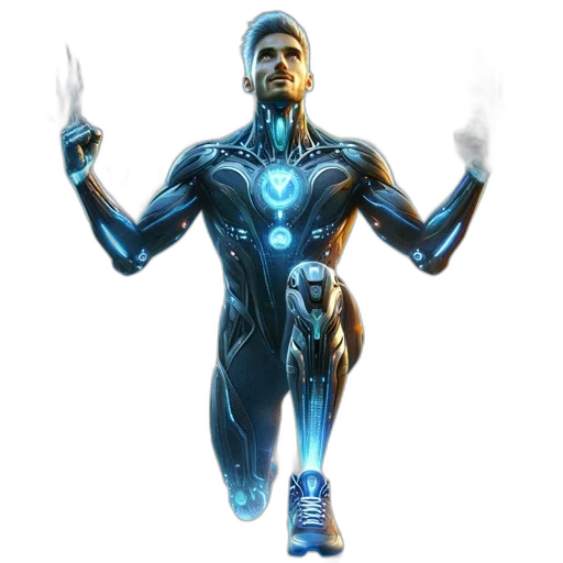 robot, concept art, 3d render, cyberpunk, comic book art, blue, figure, glowing transparent PNG cut-out