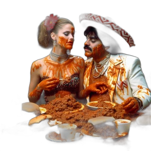 jewelry, concept art, photorealistic, fire, earth tones, cafeteria, couple, covered transparent PNG cut-out