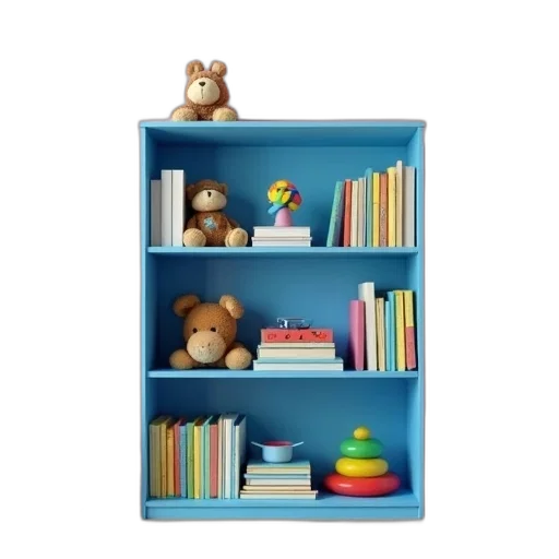furniture, 3d render, blue, bookshelf, filled, various, books, toys transparent PNG cut-out