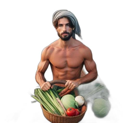 food, photorealistic, oil painting, concept art, fantasy art, barefoot, man, beard transparent PNG cut-out