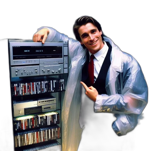 jacket, robot, staff, weapon, vaporwave, cyberpunk, lit, room transparent PNG cut-out