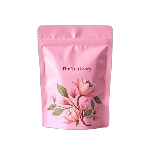 pink, tea, bag, floral, design, words, story, displayed transparent PNG cut-out