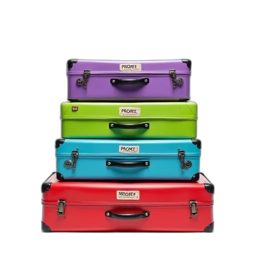 colorful, neon, pastel, stack, four, suitcases, top, one transparent PNG cut-out