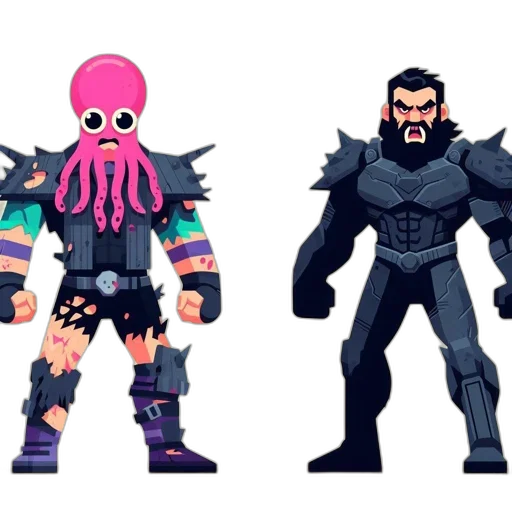 concept art, comic book art, 3d render, cyberpunk, dark, neon, colorful, two transparent PNG cut-out