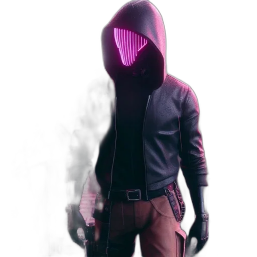 jacket, mask, weapon, staff, concept art, cyberpunk, 3d render, pixel art transparent PNG cut-out