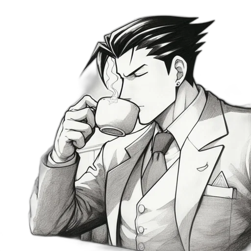 monochrome, young, man, spiky, hair, wearing, suit, sipping transparent PNG cut-out