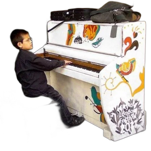 photorealistic, concept art, young, boy, plays, white, piano, decorated transparent PNG cut-out