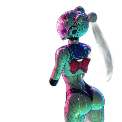 robot, dress, staff, creature, 3d render, concept art, vaporwave, cyberpunk transparent PNG cut-out