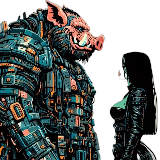 robot, comic book art, concept art, cyberpunk, fantasy art, outer space, neon lights, anthropomorphic transparent PNG cut-out