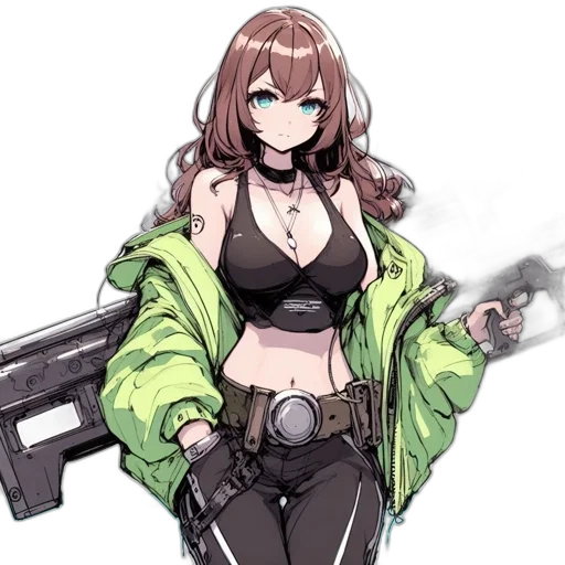 weapon, jacket, staff, cyberpunk, concept art, anime, pixel art, green transparent PNG cut-out
