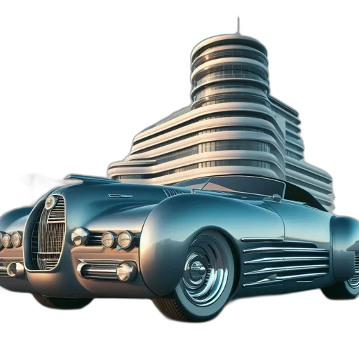 car, building, concept art, 3d render, photorealistic, vaporwave, vintage, sleek transparent PNG cut-out