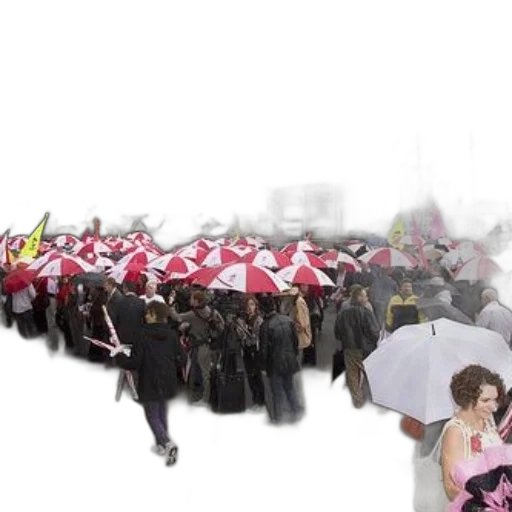 umbrella, staff, concept art, rain, fog, city street, red, crowd transparent PNG cut-out