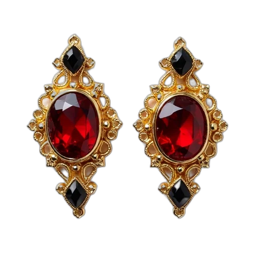 jewelry, pair, gold, earrings, red, gemstone, center, surrounded transparent PNG cut-out