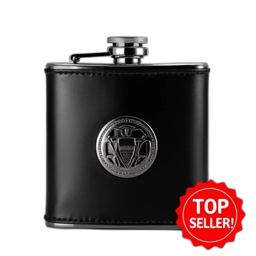 black, leather, flask, silver, top, logo, front, has transparent PNG cut-out