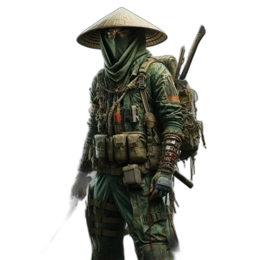 weapon, staff, hat, mask, concept art, fantasy art, photorealistic, cyberpunk transparent PNG cut-out