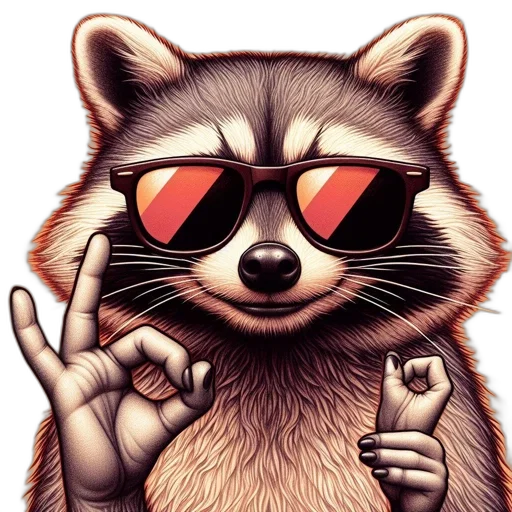 concept art, 3d render, cartoon, comic book art, anthropomorphic, raccoon, sunglasses, makes transparent PNG cut-out