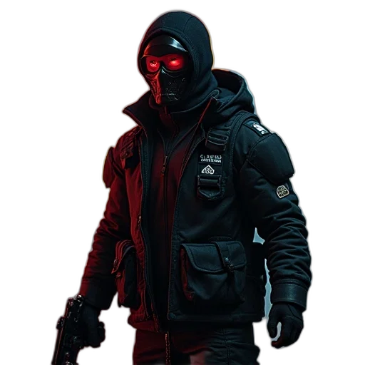 jacket, mask, weapon, staff, cyberpunk, concept art, pixel art, comic book art transparent PNG cut-out