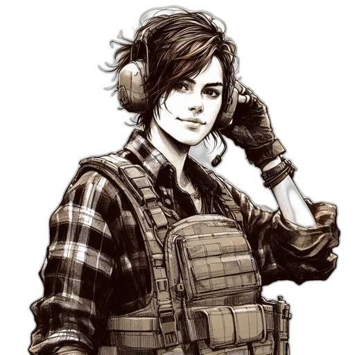 weapon, jacket, comic book art, concept art, cartoon, pixel art, individual, likely transparent PNG cut-out