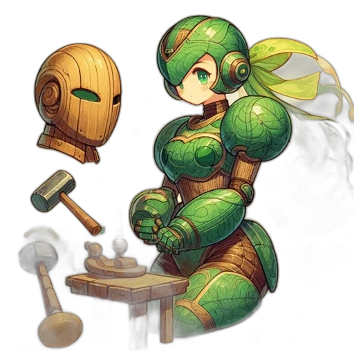 robot, concept art, pixel art, fantasy art, 3d render, green, earth tones, wooden-armored transparent PNG cut-out