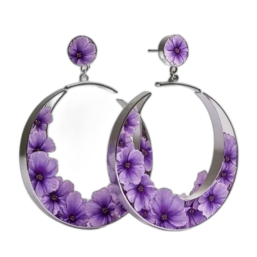 jewelry, pair, silver, hoop, earrings, purple, floral, patterns transparent PNG cut-out
