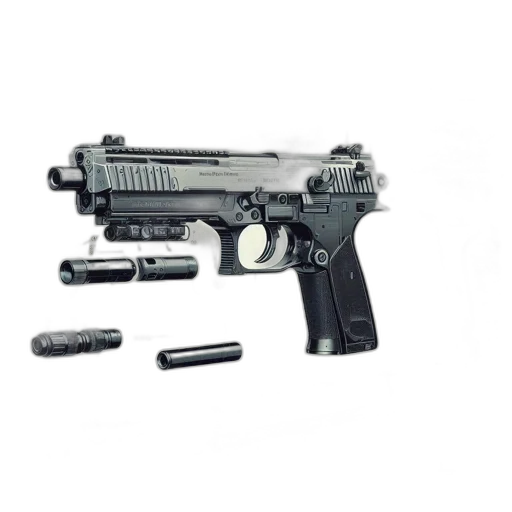 weapon, exploded, view, pistol, illustrated, displaying, all, components transparent PNG cut-out