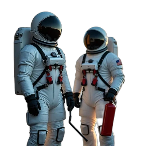 robot, jacket, staff, mask, concept art, 3d render, outer space, two transparent PNG cut-out