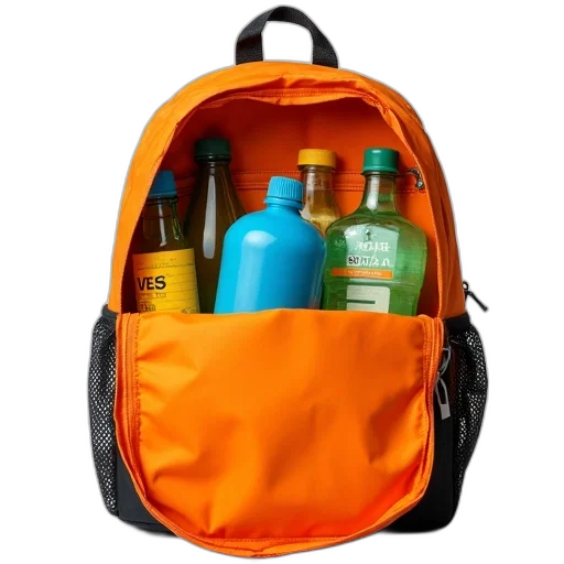 bottle, vibrant, orange, backpack, black, trim, filled, various transparent PNG cut-out