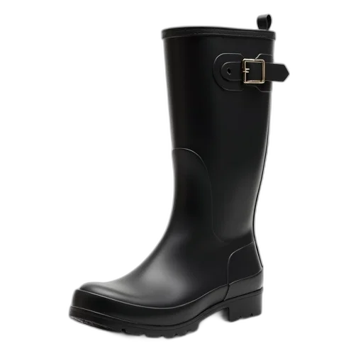 shoes, black, rubber, rain, boot, buckle, side, displayed transparent PNG cut-out