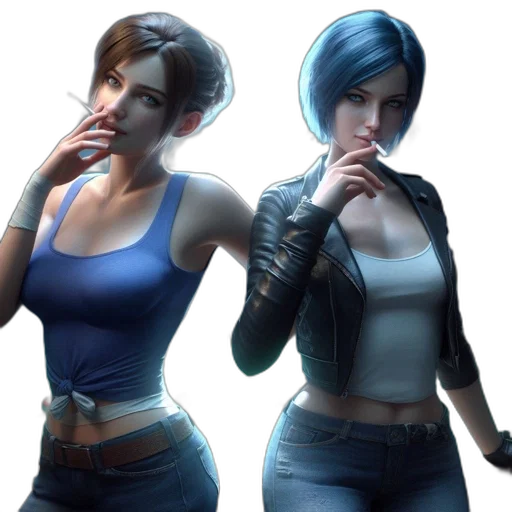 concept art, 3d render, cyberpunk, comic book art, blue, two, women, one transparent PNG cut-out