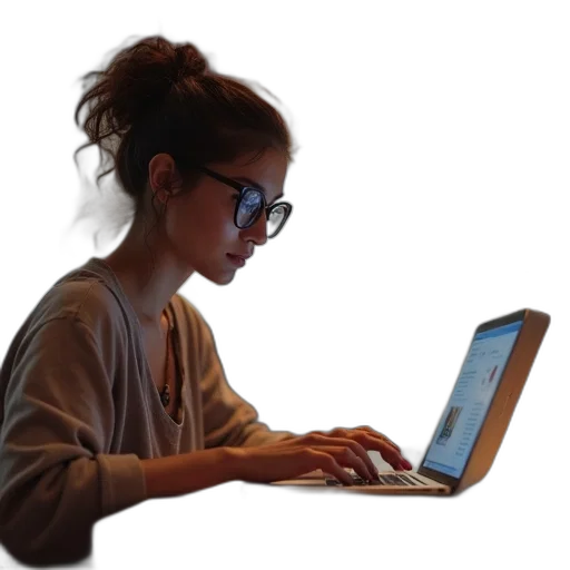 staff, face, jewelry, 3d render, photorealistic, woman, using, laptop transparent PNG cut-out